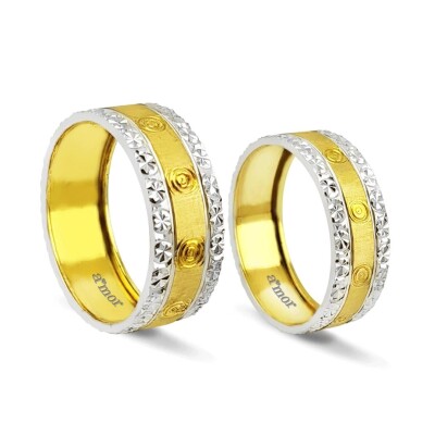 Desenli Sarı/Beyaz Altın Çift Alyans - Amor Pırlanta