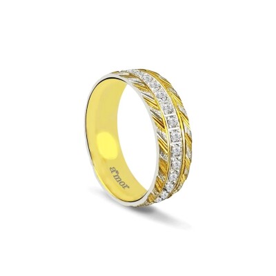 Desenli Şeritli Sarı/Beyaz Altın Kadın Alyans - Amor Pırlanta