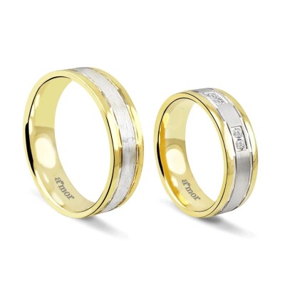 Düz Taşlı Sarı/Beyaz Altın Çift Alyans - Amor Pırlanta