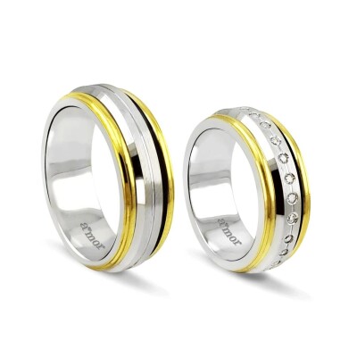 Şeritli Sarı/Beyaz Altın Çift Alyans - Amor Pırlanta